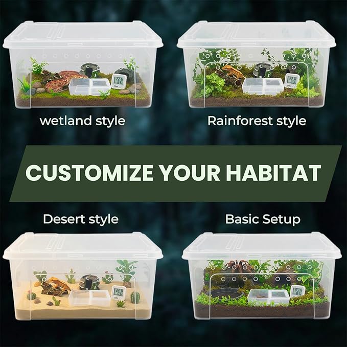 10 Pcs Reptile Enclosure Breeding Box Cage Kit, Portable Plastic Snake Transparent Animal Indoor Habitat Cage Turtle Box Critter Keeper Digital Thermometer Hygrometer, Feeder Dish & More | by Cotkkstt