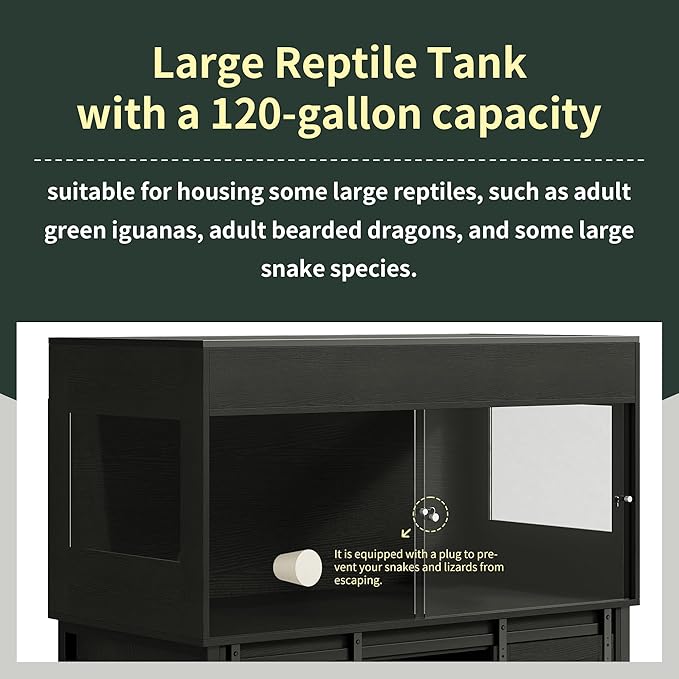 120 Gallon Reptile Terrarium with Stand, 4x2x2 Bearded Dragon Enclosure for Snakes Lizards, Large Vivarium Tank with Storage Cabinet, Acrylic Doors, Mesh Lid, Power Outlet Black PX04RTBB