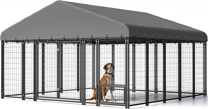 10 x 10 FT Large Outdoor Dog Kennel with Double Swing Doors, Heavy-Duty Dog Cage with Feeding Panel, Weatherproof Roof, Secure Fence Playpen for Large Dogs, Easy Assembly