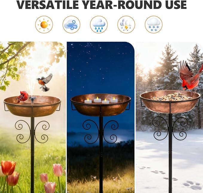 3" Deep 43" Tall Metal Bird Bath for Outdoors, 12" Dia Removable Bird Baths Water Bowl for Outside, Vintage Standing Birdbaths with Stable Stake for Garden Yard Lawn Decor 1.4 Gallon