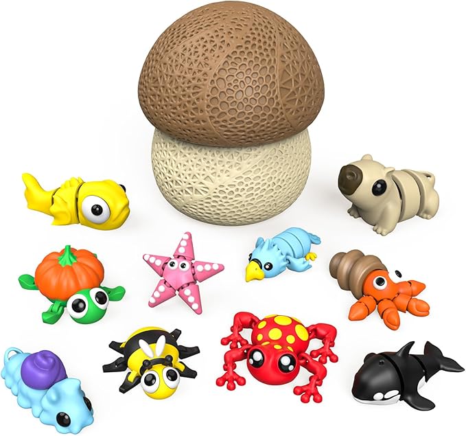 11PCS 1.6-2.6in 3D Printed Animal Figurines Set with Mushroom Container - 16 Unique Articulated Animals, Fidget Toys for Stress Relief, Party Favors, Desk Decor & Gifts for Kids & Adults (11PCS Brown)