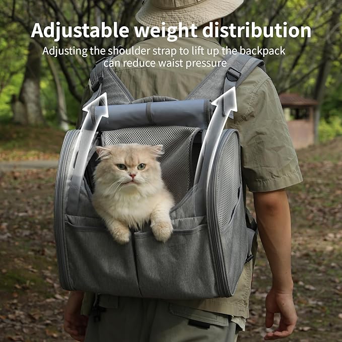 FUKUMARU Cat Backpack, Expandable Backpack for Small Dog with 4 Storage Pockets, Under 10 Lbs Soft Sided Dog Backpack Carrier for Travel Hiking Camping Outdoor, Grey