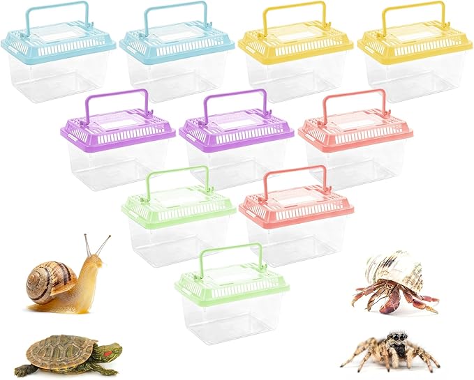 10 Pack Small Plastic Reptile Carrier, Tarantula Enclosure Breeding Box with Handle and Ventilation Lid, for Spider Lizard Turtle Hermit Crab Fish, 7 x 4.3 x 4.3 Inch, Multi-Color