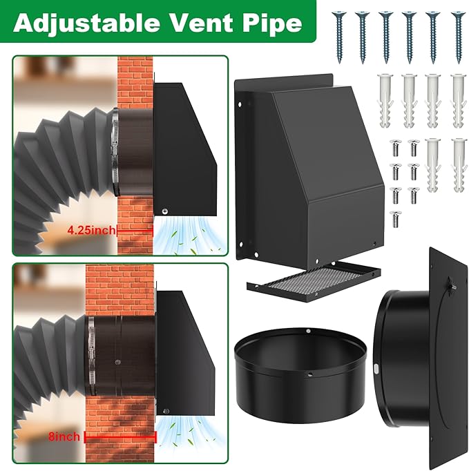 10 Inch Hooded Wall Vent with Screen and Damper, Outdoor Wall Exhaust Vent Cover Cap for Residential Housing Kitchen Rangeand Outside Air Exhaust, Galvanized Steel,Widely Applicable, Black