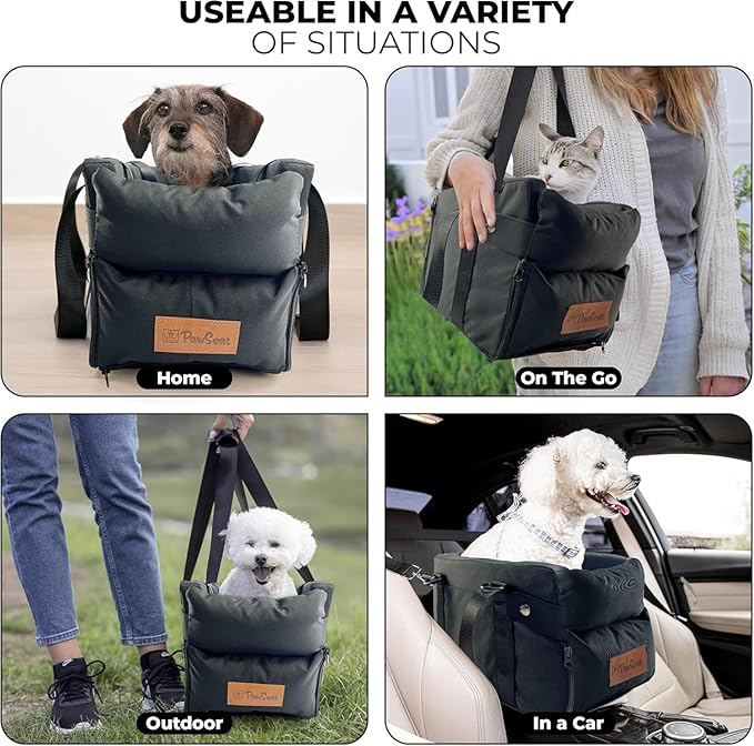 Center Console Dog Car Seat for Small Dogs and Puppies 5-13Lbs, Ideal Armrest Booster Car Travel Seat with Safety Protection Seat Belts, Storage Pockets - Reduces Anxiety (Black)