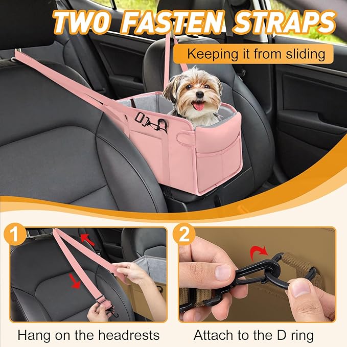 Portable Dog Car Seat for Small Dogs - Adjustable Safety Leash, Washable Cushion & Storage Pocket - Pet Booster Seat for Car Travel- Pink