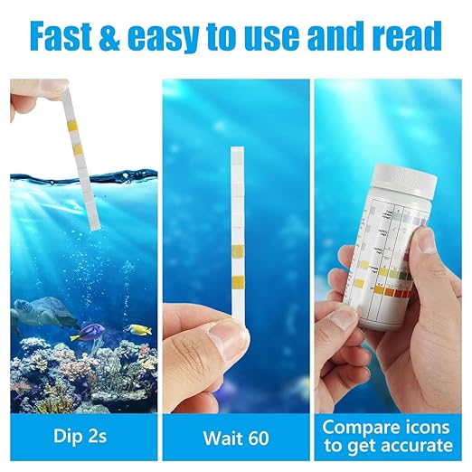 100Pcs Aquarium Test Strips 7 in 1 Fish Tank Test Kit Freshwater Saltwater Aquarium Water pH Test Strips Kit for Total Hardness Nitrate Nitrite Free Chlorine Carbonate pH Value Total Alkali