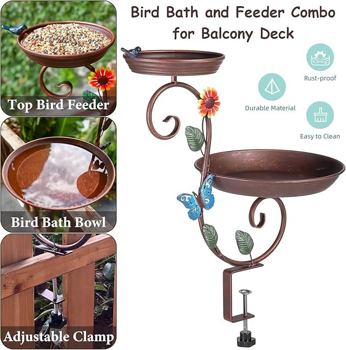 Deck Bird Bath, Metal Birdbath and Feeder for Balcony Railing, Decorative Deck Mounted Bird Baths, Outdoor Birdbath Feeders with Adjustable Heavy Duty Clamp for Patio Porch Garden