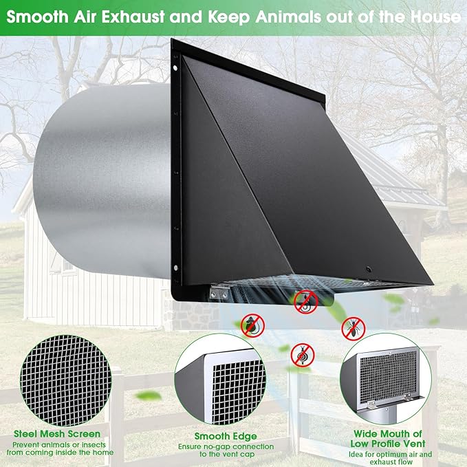 10 Inch Wall Vent Cover,Exhaust Vent Hooded Wall Vent with Screen and Damper,Outdoor Wall Exhaust Vent Cap Exterior Air Vent Cover for Kitchen Range Hood HVAC Duct Dryer Ventilation,Galvanized Steel