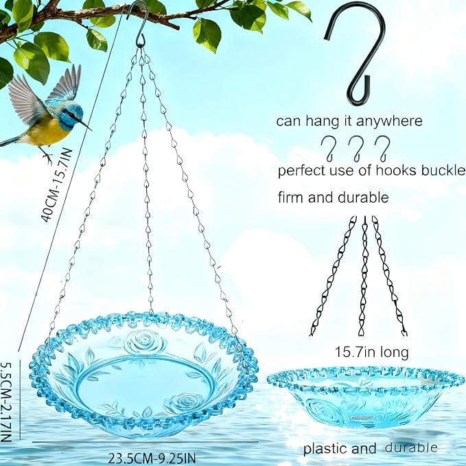 2 Pack Super Value Hanging Plastic Bird Baths and Feeders for Outdoors Bird Water Bowls and Seed Trays Set Attract Wild Birds Garden Yard Decor Gift (Blue)