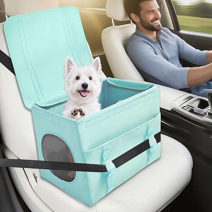 Dog Booster Car Seat with Washable Removable Cover for Small Dogs up to 13 lbs,Fits Car Truck SUV,(Green).