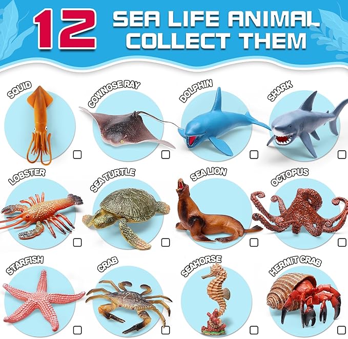 12 Pack Ocean Animal Toys with Educational Booklet for Kids, Realistic Soft Plastic Creatures Model Figures for Toddler Boys Girls, Under the Sea Party Favor, Birthday Gifts Water Table Toy