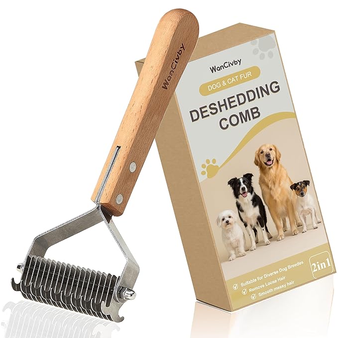 Undercoat Rake for Dogs Brush for cat shedding tool Grooming Comb19Blade Dematting Tool Pet Brush Dual Side Large Medium Small Dogs and Cats Shedding Brush, Premium Wood Handle