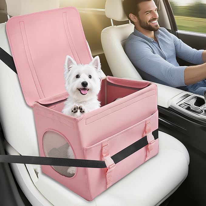 Dog Booster Car Seat with Washable Removable Cover for Small Dogs up to 13 lbs,Fits Car Truck SUV.(Pink)