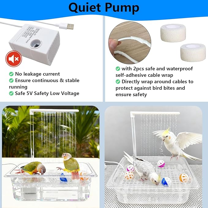 kathson Automatic Parrot Bathtub with Pump,Large Bird Bath Shower with Water Pressure Controller and USB Electric Water Cycle,Parakeet Bath Tub for Cockatiel,Cockatoo,Lovebird,Conure,Budgie