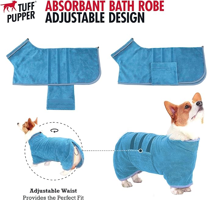 Tuff Pupper Fast Drying Dog Bath Robe | 800 GSM Plush Dog Towel Bathrobe/Dressing Gown | Super Absorbent Pet/Puppy Bathrobe | Adjustable Hood & Belly Strap | Super Soft | Fast Drying (XL, Blue)
