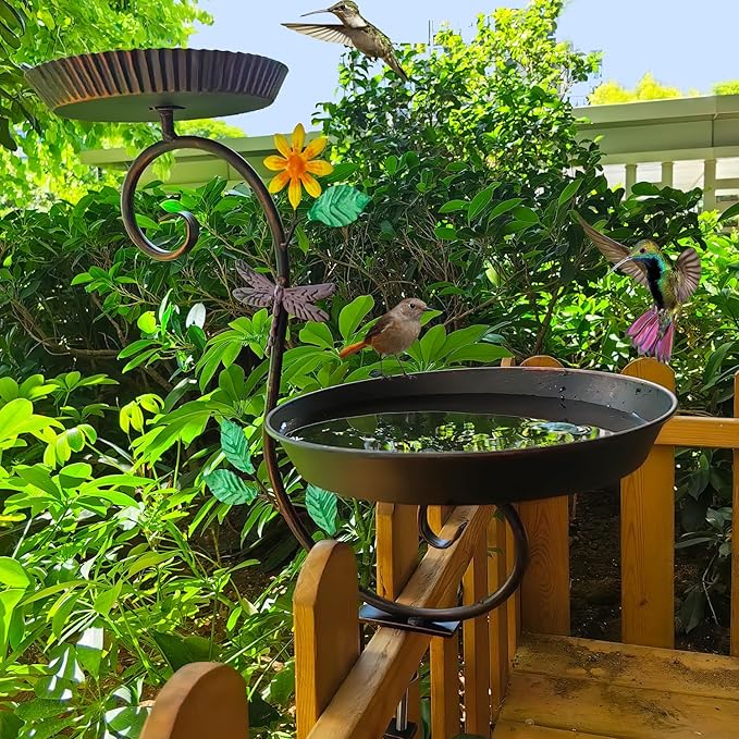 Deck Bird Bath and Feeder, Detachable Metal Bird Baths for Deck Railing, Antique Decorative Bird Bath Bowl with Adjustable Heavy Duty Clamp for Outdoor Balcony Patio Porch Garden Rail Mount