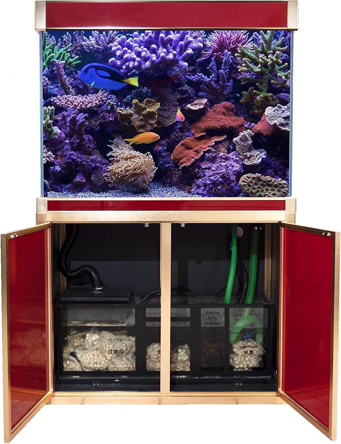 100 Gallon Glass Aquarium with Aluminum Cabinet - Including Sump for Filtration and Circulation, Plumbing, LED, Red with Gold Trim