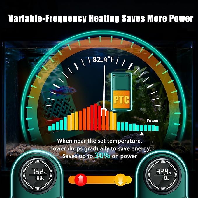 100W Smart Aquarium Heater Submersible with Variable-Frequency Energy Savings, Dual Probes for Leaving Water Automatically Stop, PTC Tech for Overheat Protection, Adjustable for Freshwater, Saltwater