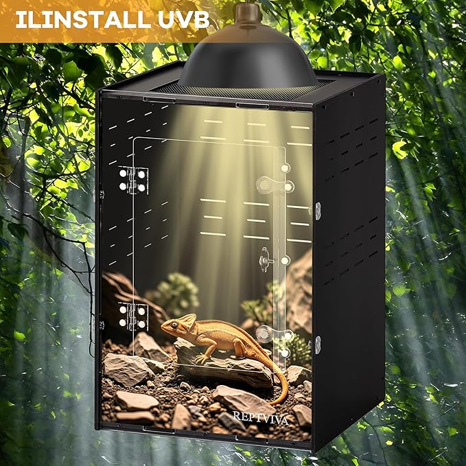 11"x11"x16" PVC Reptile Tank Enclosure - 5-Sided Blackout Terrarium with Mesh Top for Crested Geckos, Small Lizards, Tree Frogs & Arboreal Pets