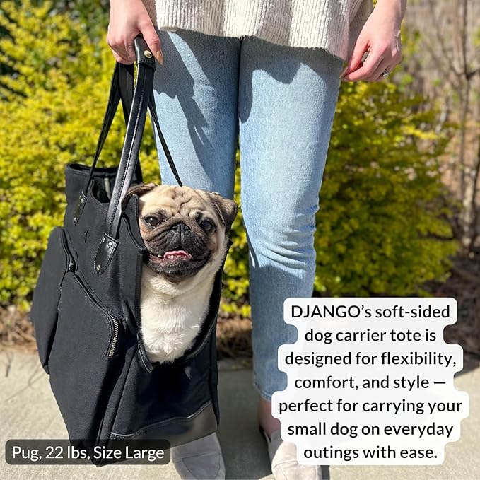 DJANGO Waxed Canvas & Leather Dog Carrier Tote Bag – Premium Soft-Sided Travel Dog Purse with Safety Leash, WR Lining, & Large Zipper Pockets – Everyday Pet Carrier for Small Dogs (Black, Medium)
