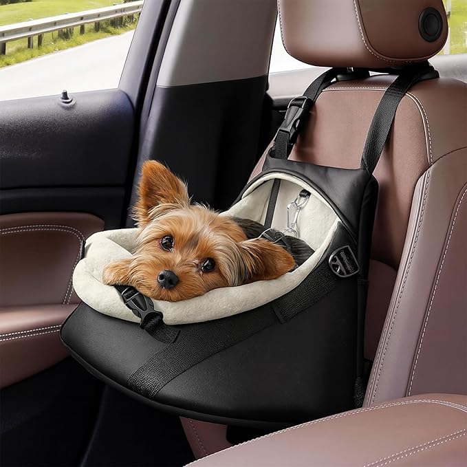 YUDODO Small Dog Car Seat Under 7lbs Luxury PU Leather Dog Booster Seat with Safety Belt, Soft Cushion, Can be Used as Pet Front Carrier Backpack Black