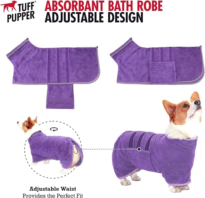 Tuff Pupper Fast Drying Dog Bath Robe | 800 GSM Plush Dog Towel Bathrobe/Dressing Gown | Super Absorbent Pet/Puppy Bathrobe | Adjustable Hood & Belly Strap | Super Soft | Fast Drying (XS, Purple)