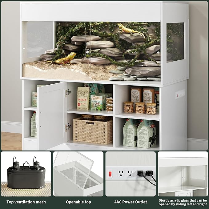 120 Gallon Terrarium with Stand, 4x2x2 Reptile Enclosure Tank for Bearded Dragons Snakes Lizards, Large Vivarium Habitat with Storage & Power Strip White PX07RTW