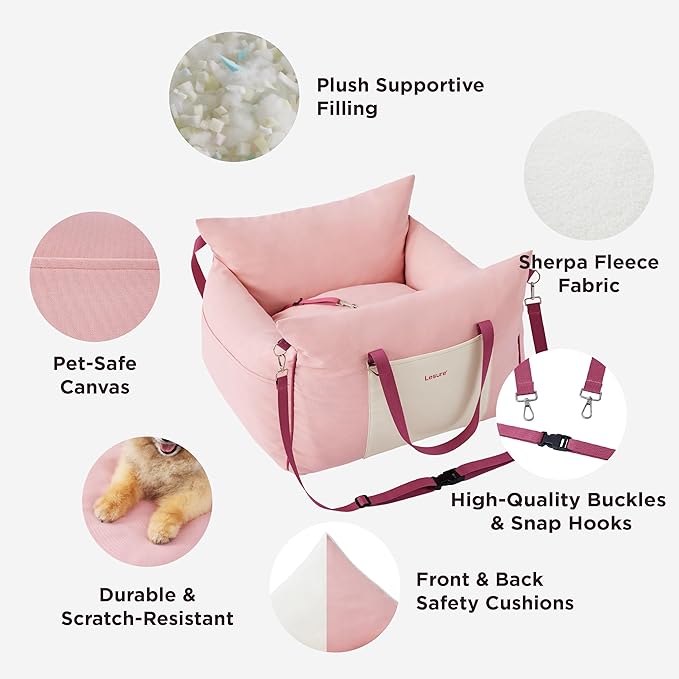 Lesure Small Dog Car Seat for Small Dogs -Soft Dog Booster Seat for Car with Storage Pocket and Clip-On Safety Leash and Thickened Memory Foam Filling, Pet Travel Carrier Bed Strawberry Cream