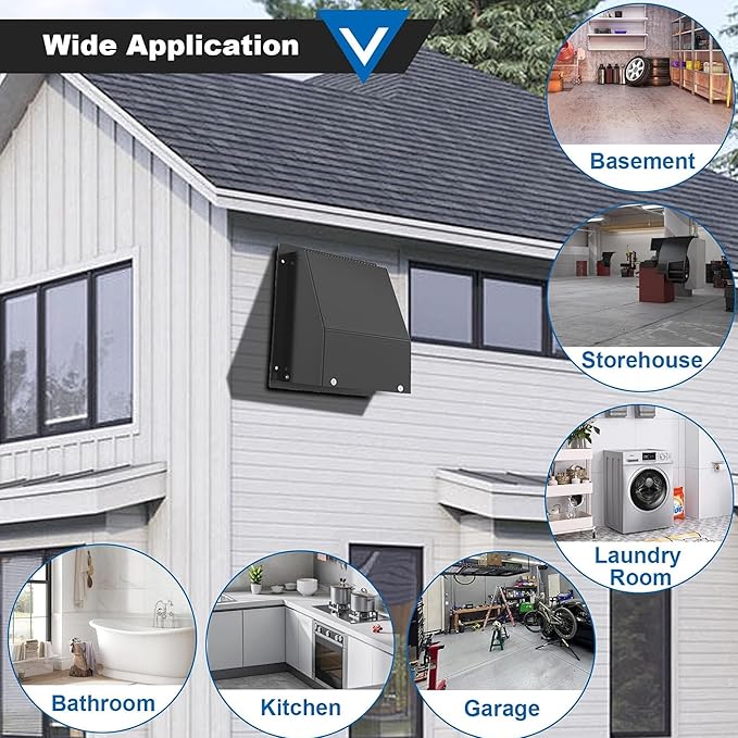 10 Inch Wall Vent with Screen and Damper, Galvanized Steel Hooded Wall Vent Cover Black Metal Exhaust Duct Cap Kit with Hose Clamp Aluminum Foil Tape for Outdoor Laundry Room Kitchen Range Hood