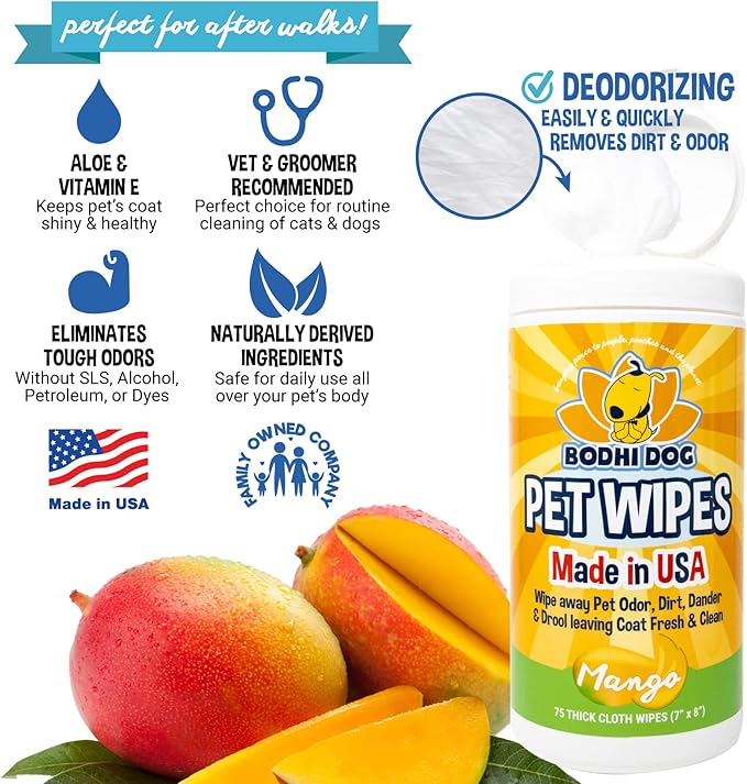 Bodhi Dog Pet Wipes - Grooming, Cleaning and Deodorizing Wipes for Dogs & Cats - No Parabens or SLS - Large, Thick, Wet Wipes - Wipe Away Pet Odors & Refreshes Coat - Mango Scent (75 Count)