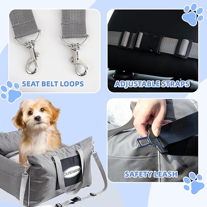 Dog Car Seats for Small & Medium Dogs, Waterproof Dog Booster Seat with Storage Pockets Soft Travel Bed with Clip-On Safety Dogs Leash and Secure Straps Puppy Travel Carrier Bed，Gray