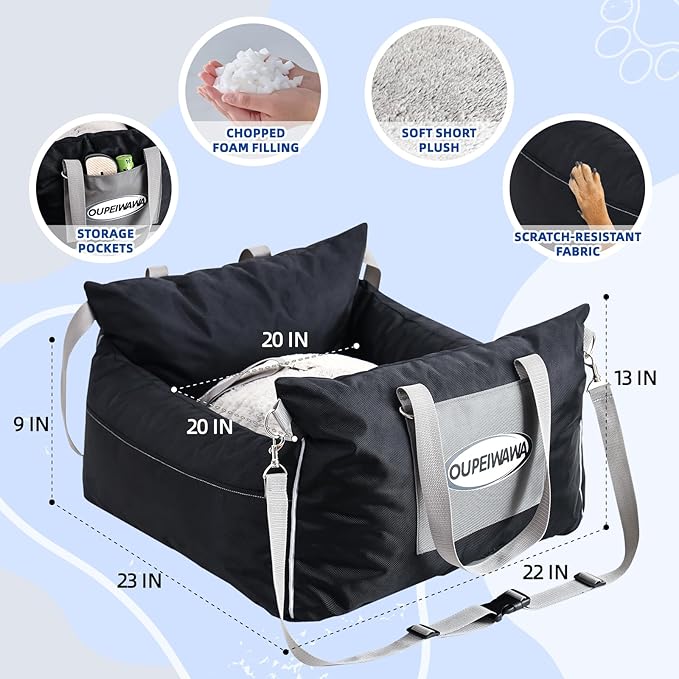 Dog Car Seats for Small & Medium Dogs, Waterproof Dog Booster Seat with Storage Pockets Soft Travel Bed with Clip-On Safety Dogs Leash and Secure Straps Puppy Travel Carrier Bed，Black