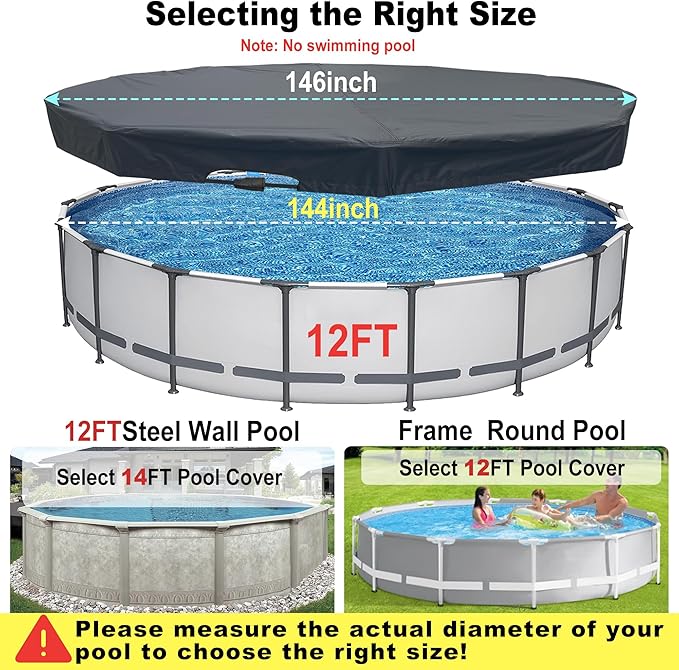 12 Ft Pool Cover, with Automatic Drain Round Pool Cover, One-Piece Quick Installation and Removal Above Ground Pool Cover, Preventing Waterlogging, UV Protected Solar Swimming Pool Cover