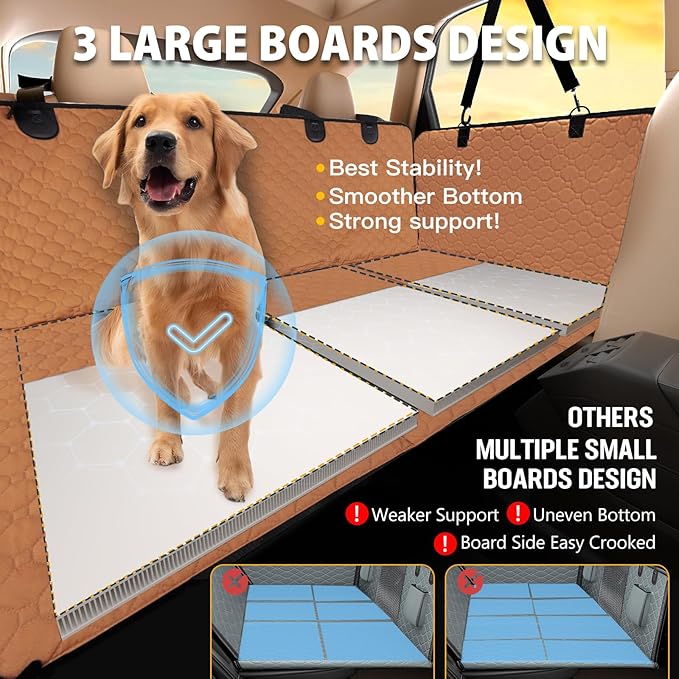 Back Seat Extender for Dogs,Leather Dog Car Seat Cover for Back Seat Hard Bottom Holds 400lbs,100% Waterproof Dog Car Hammock, Sturdy Pet Seat Protector for Car, SUV,Small Truck(Brown)