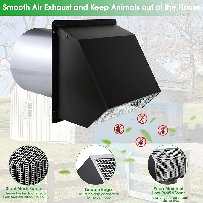 10 Inch Hooded Wall Vent with Screen and Damper,Outdoor Wall Exhaust Vent Cover Cap for Kitchen Range Hood HVAC Duct Dryer Ventilation&Outside Exterior Mount,Galvanized Steel,Black