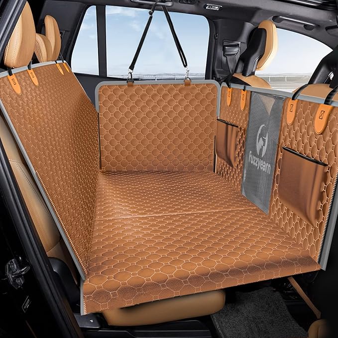 Back Seat Extender for Dogs,Leather Dog Car Seat Cover for Back Seat Hard Bottom Holds 400lbs,100% Waterproof Dog Car Hammock, Sturdy Pet Seat Protector for Car, SUV,Small Truck(Brown)