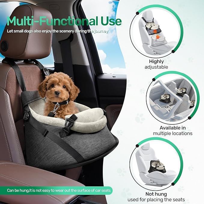 YUDODO Small Dog Car Seat Under 7lbs Luxury PU Leather Dog Booster Seat with Safety Belt, Soft Cushion, Can be Used as Pet Front Carrier Backpack Gray