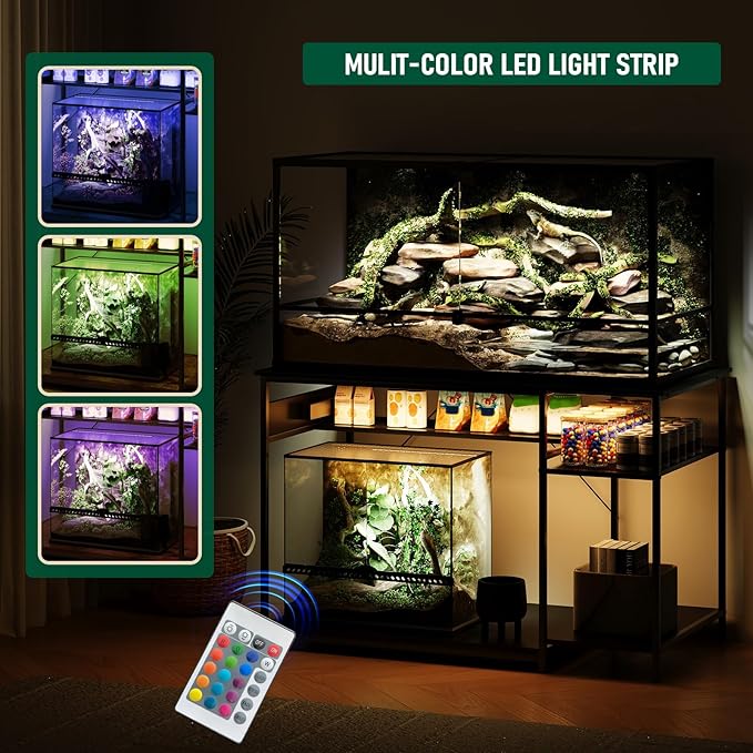 120 Gallon Fish Tank Stand with Power Outlets, Heavy Duty Large Aquarium Stand with Light, Double Reptile Tank Turtle Terrariums Table for Fish Tank Accessories Storage,1100LBS Capacity