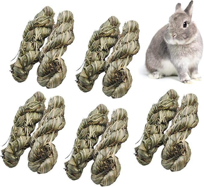10pcs Rabbit Timothy Hay Toy,Rabbit Chew Toys Bunny Treats Natural Timothy Grass Stick Natural Woven Molar Teeth Chewing Toys for Bunny Hamster Guinea Pigs Chinchilla Gerbils
