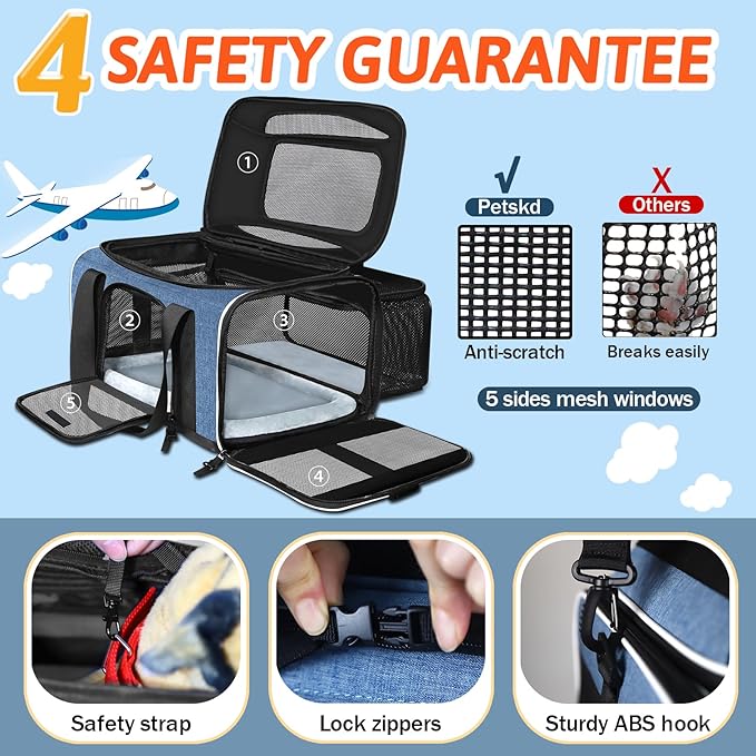 Petskd Top and Side Expandable Pet Carrier 18x11x11 Inches Delta United Airline Approved, Soft-Sided Carrier for Small Cats and Dogs with Locking Safety Zippers and Anti-Scratch Mesh(Blue)