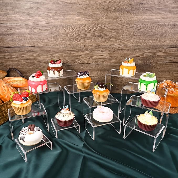 12 Pcs Small Size Acrylic Display Risers, 2 Sets Acrylic Risers Display Stands, 0.15" Thick Clear Shelf Riser, Risers Display Stands for Perfume, Dessert, Candy, Figure, Toys, Jewelry Showcase