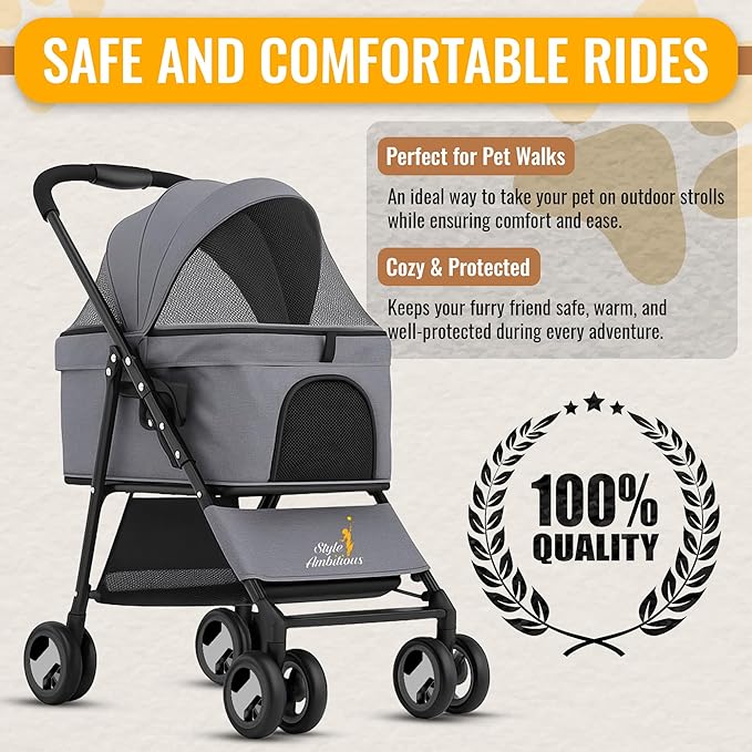 3 in 1 Pet Stroller - Foldable Dog Stroller & Pet Carrier - Included with Storage Bag, Cup Holder & Pet Leach - Cat Carrier with Detachable Basket & Breathable Canopy (Grey)