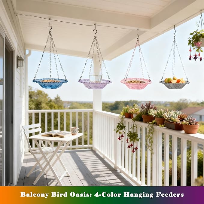 4 Pack Super Value Hanging Plastic Bird Baths and Feeders for Outdoors Bird Water Bowls and Seed Trays Set Attract Wild Birds Garden Yard Decor Gift (Blue Pink Gray Purple)