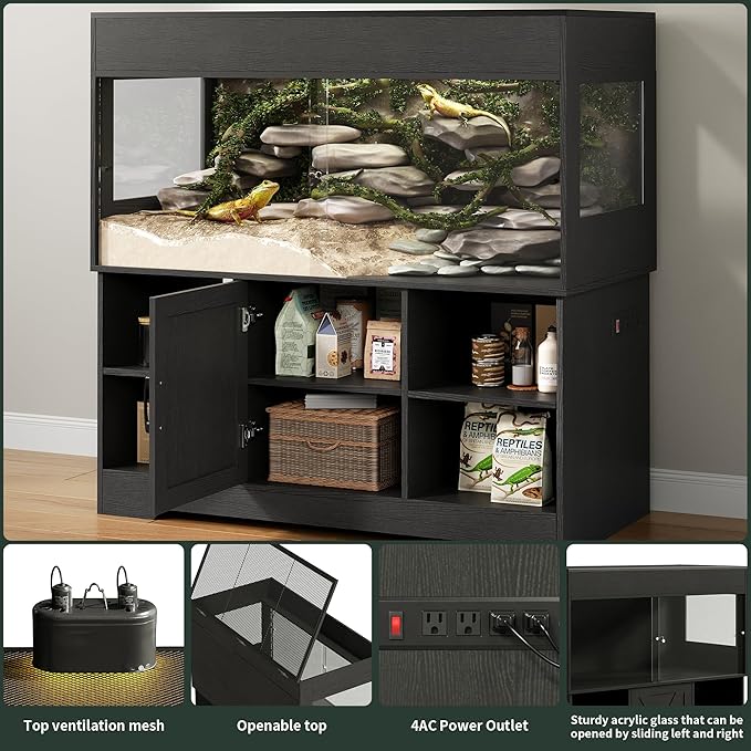 120 Gallon Reptile Tank with Stand, 4x2x2 Terrarium Enclosure for Bearded Dragons, Snakes, Lizards – Sliding Acrylic Doors, Mesh Top, Storage Cabinet, Built-in Power Outlet Black PX01RTB