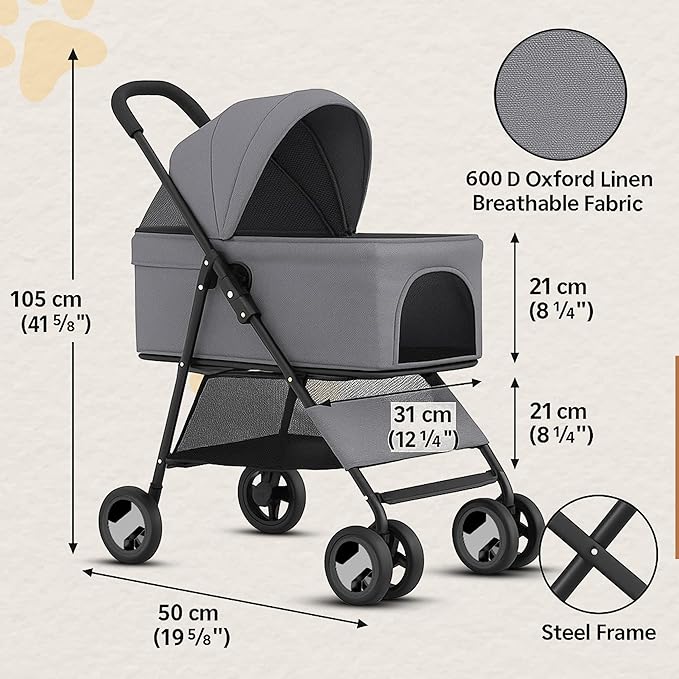 3 in 1 Pet Stroller - Foldable Dog Stroller & Pet Carrier - Included with Storage Bag, Cup Holder & Pet Leach - Cat Carrier with Detachable Basket & Breathable Canopy (Grey)