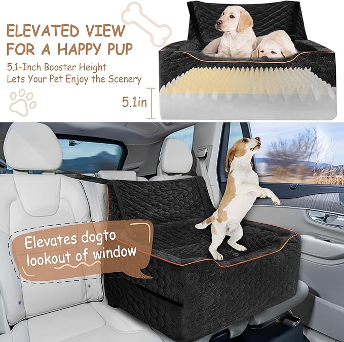 Dog Booster Seat for Larger & Medium Dogs – Comfortable Dog Car Bed with Washable Cover and Storage Pockets for Pets Up to 60lbs (Black)