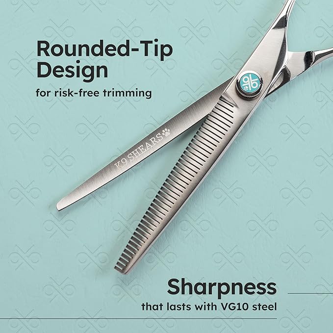 7” Dog Grooming Scissors – VG10 Japanese Steel Professional Pet Thinning Shears for Cats & Dogs | Clean Cut & Precise Trimming | Lightweight, Ergonomic, Handcrafted | Thinning Rate 50% | K9 Shears