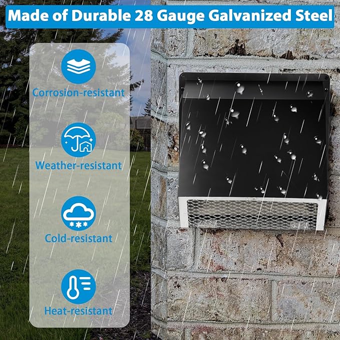 10" Hooded Wall Exhaust Vent Cover Outdoor Hooded Wall Vent with Screen and Damper,Outside Exhaust Dryer Vent Cover Exterior Wall Vent Cover for House Kitchen Range Hood Dryer,Black Hood Wall Vent Cap