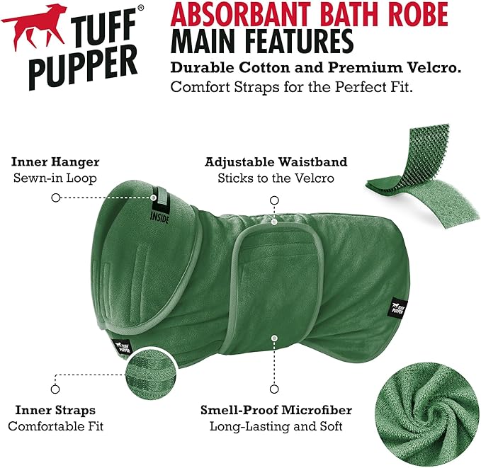 Tuff Pupper Fast Drying Dog Bath Robe | 800 GSM Plush Dog Towel Bathrobe/Dressing Gown | Super Absorbent Pet/Puppy Bathrobe | Adjustable Hood & Belly Strap | Super Soft | Fast Drying (XXL, Green)